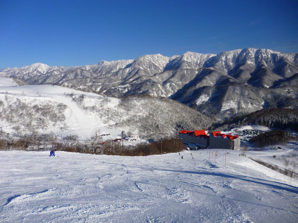 Snow-covered slopes and lift lines at Hakuba Cortina Kokusai Ski Resort, in the northern, coastal-facing corner of Hakuba Valley