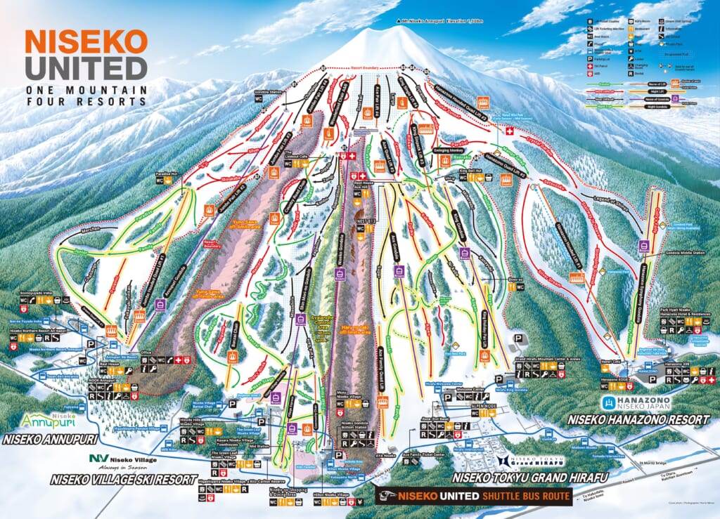 Niseko United trail map showing Annupuri, Niseko Village, Grand Hirafu and Hanazono