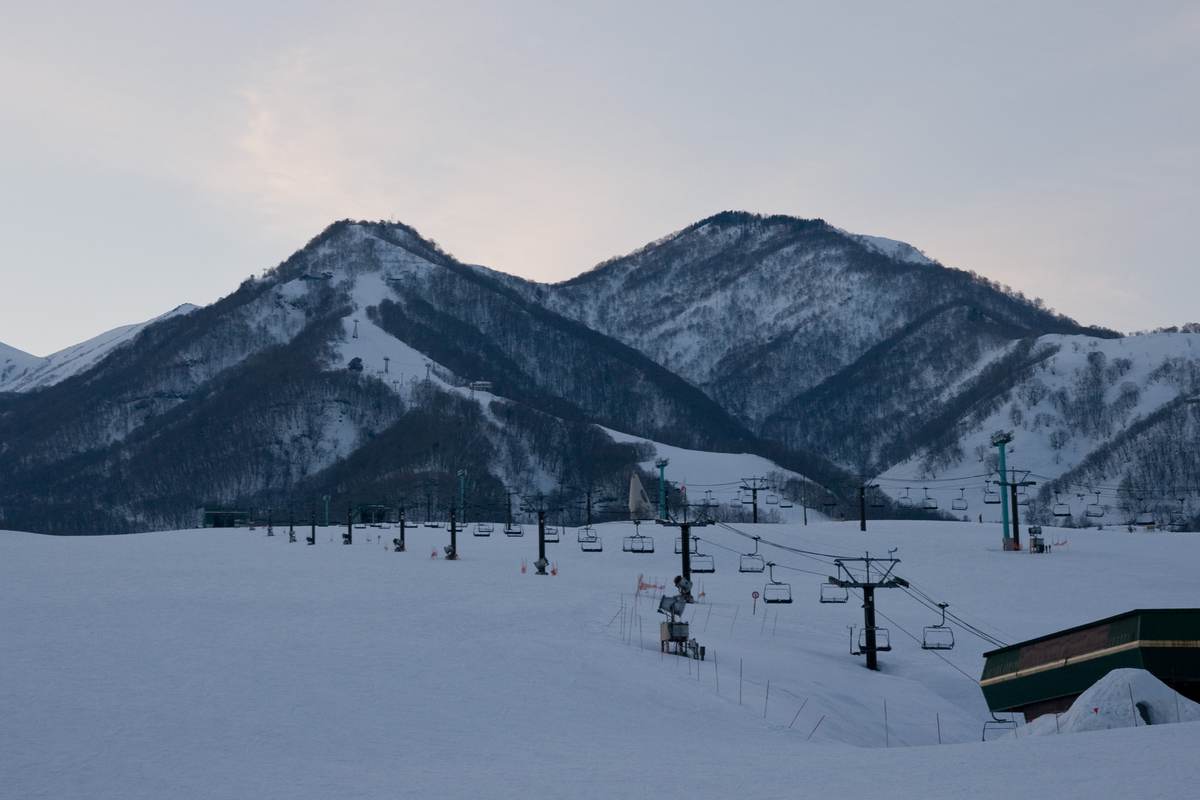 Snow-covered pistes at Tsugaike Kogen ski resort in Hakuba Valley, Nagano